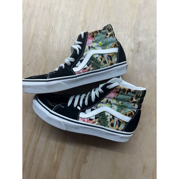 VANS Shoes - Vans Sk8 Hi Top Woman’s 7 Men 5 Shoes Black Suede Pink White Floral Flowers EUC